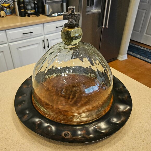VERY RARE JAN BARBOGLIO HOUSE BLESSING CROSS CLOCHE DOME SERVER TRAY IRON FORGED - Picture 1 of 15